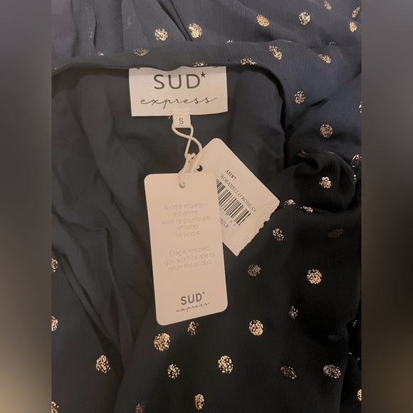 NWT ~ SUD Express ~ Wrap Dress Navy Blue with Gold Polka Dots Women's Small - Picture 4 of 5